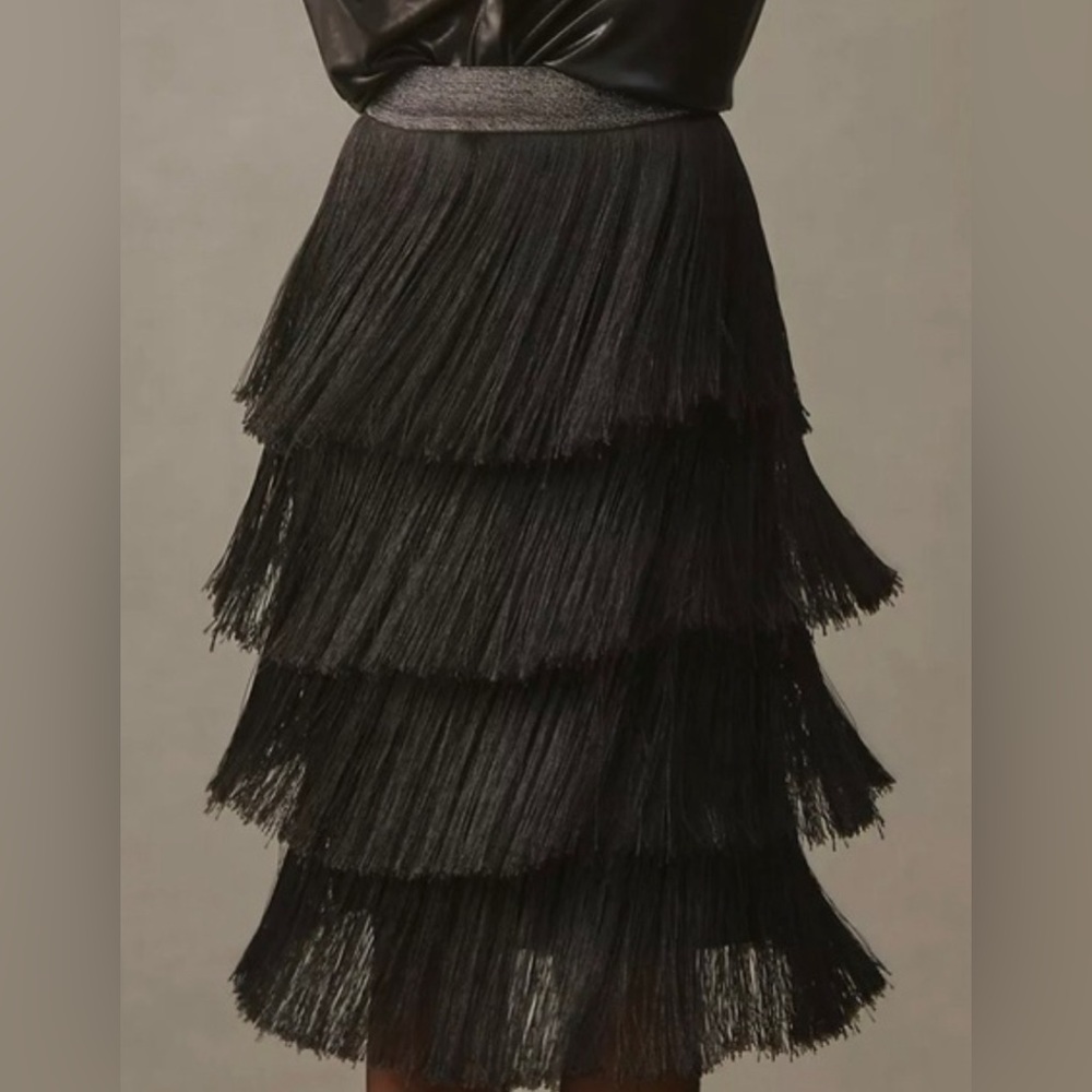 Mare Mare x Anthropologie Fringe Tiered Midi Skirt with Glitter Waistband Size M
